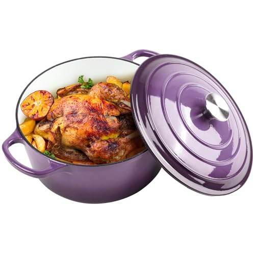 Image of Dutch Oven Enameled Cast Iron with Lid - Big Dual Handles - Oven Safe up to 500F - Classic Round Pot for Versatile Cooking (Purple, 6 QT)
