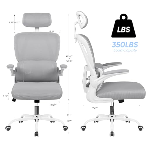 Image of JUMMICO Ergonomic Office Chair, High Back Desk Chair with Adjustable Headrest and Flip-Up Arms, Mesh Computer Chair with Lumbar Support, Gaming Chair, Swivel Task Chair for Home Office, White