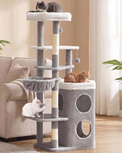 Feandrea Cat Tree Indoor, 60" Multiple-Level Plush Cat Tower, Dove Gray | 2 Caves, 3 Steps, 3 Scratching Posts, 3 Ball Toys, Cat Condo House for Large Adult Cats, UPCT007G01