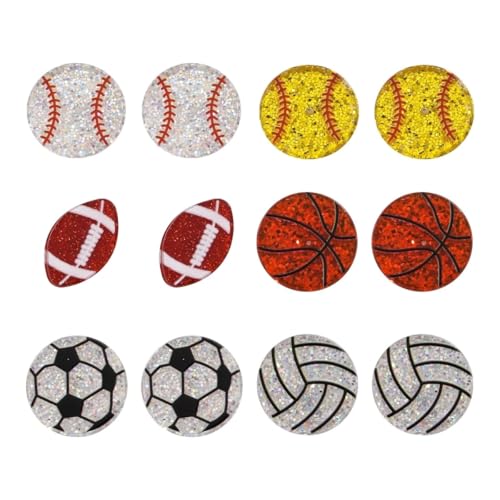 6 Pair Sport Ball Stud Earrings Set for Women Stackable Sport Acrylic Glitter Volleyball Baseball Basketball Football Rugby Earrings for Sport Lover Mother's Day (Glitter Sets 1)