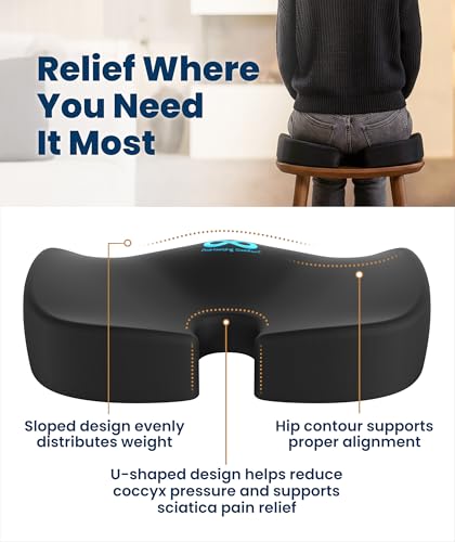 Everlasting Comfort Doctor Recommended Memory Foam Seat Cushion for Office Chairs & Car - Ergonomic Office Desk Accessories - Cushions for Tailbone Pain Relief, Sciatica (Black, La image 7