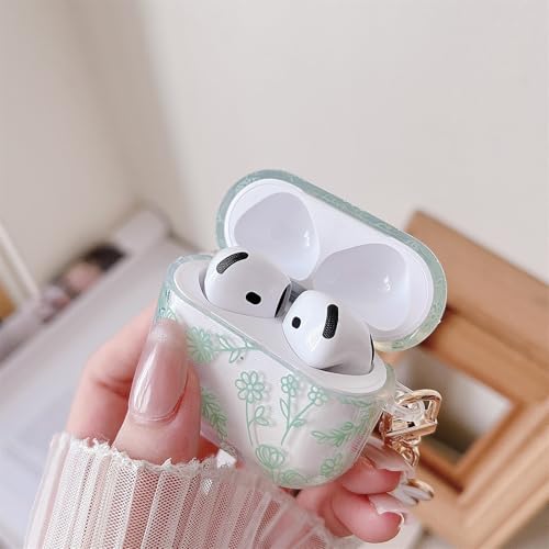Image of MINSCOSE Compatible with AirPods 4 Clear Case,Cute Flower Floral Aesthetic Design with Flowers Keychain, Soft TPU Protective Shockproof Case for Women Girl for Airpods 4-Green