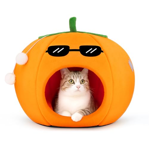 MOYMO Cute Cat Beds for Indoor Cats, Small Dog Beds, Soft Washable Pet Beds for Kitten and Puppy, Funny Orange Cat Cave, 19 Inches