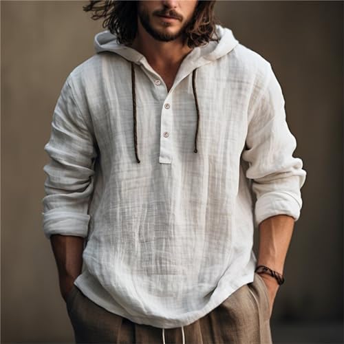 Mens Long Sleeve Linen Hippie Shirts with Hood V Neck Button Up Hooded Sweatshirts Casual Hawaiian Beach Yoga Shirts2