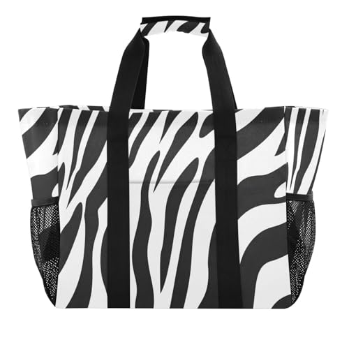 Large Waterproof Travel Tote Bag for Women Men, Animal Zebra Print Skin Canvas Beach Bag with Lining & Pockets - Reusable Grocery/Laundry/Kitchen/Pool/Picnic Tote (15.4x9.8x12.8in)