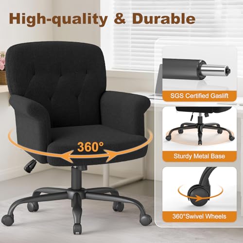Keratee Comfy Home Office Desk Chair, Upholstered Fuzzy Vanity Chair with Wheels and Arms, Adjustable Height 360° Swivel Computer Seat for Living Room, Bedroom, Makeup, Teddy Fleece, Black by Keratee - Image 5