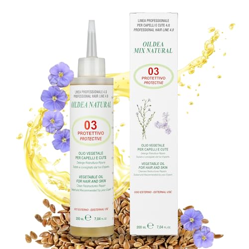 Olio per Capelli Tinti e Trattati, 200 ml, con Olio di Semi di Lino, Ricino, Cocco, Argan, Tea Tree, Per Capelli Secchi e Crespi, Anche per Corpo e Barba, Oildea Natural Mix 03 Protettivo