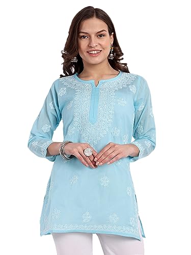 Image of Ada Hand Embroidered Lucknow Chikankari Straight Round Neck Cotton Blend Short Kurti Tunic Top for Women A911333