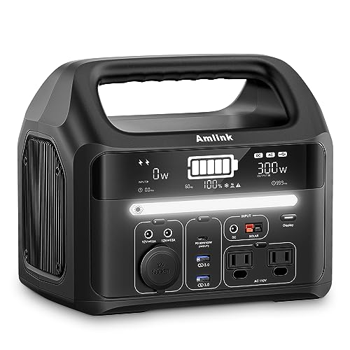 Portable Power Station for Camping 300W 299Wh LiFePO4 Battery Powered Generator, 2 Up to 300W AC Outlets 100W USB C and PD Total 8 Output Ports, Home Battery Backup for Outdoor 93600mAh with LED Light