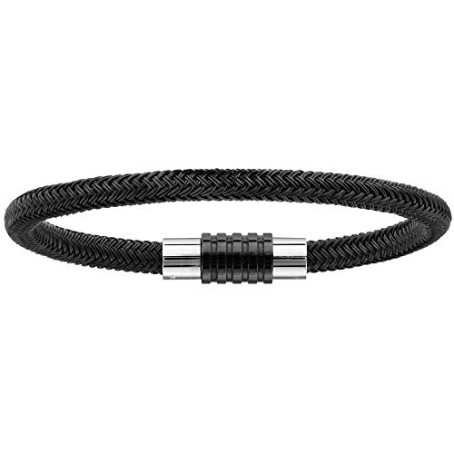 Bracelet acier charms tressé homme fermoir aimanté PVD noir 21cm