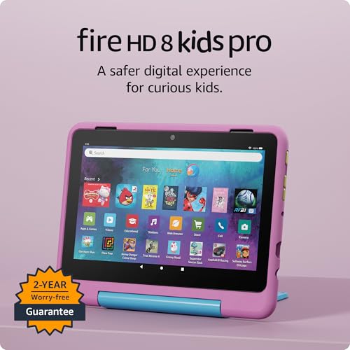 Image of Amazon Fire HD 8 Kids Pro tablet (newest model), ages 6-12. Bright 8 inch HD screen, includes ad-free content, parental controls, 13-hr battery, slim case for older kids, 32GB, Jungle Cat