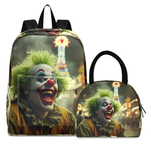 Happy Clown Print Backpack Set with Lunch Bag, Large Capacity Travel Backpacks and Lunch Box Insulated for Commute Hiking Picnic