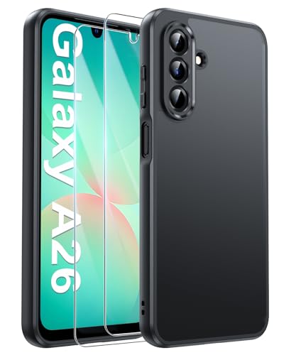 FLLAO Matt Handyhülle für Samsung Galaxy A26 5G Hülle und 2 Schutzfolie mit Kameraschutz [Militärnorm Schutz] urchscheinende PC Rückseite TPU Bumper Hülle für Samsung Galaxy A26- Schwarz