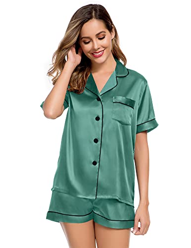 Image of LecGee Womens Silk Satin Pajamas Short Sleeve Loungewear Two-Piece Sleepwear Button-Down Pj Set