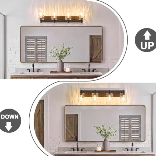 Image of 4-Light Bathroom Light Fixtures Modern ORB Vanity Lights | Easy to Install Clear Hammered Glass Shades, Rippled Glow, Wall Mount Up or Down, E26 Socket, Hardwired, 120V