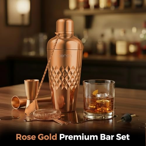 Image of O' Holic by Perch Craft 8-Piece Stainless Steel Bartender Kit|Premium Cocktail Shaker Set with Jigger 30 /60ml, Spoon,Pourer,Ice Tong, & Bar Tools|Professional Bar Set for Home &Tour Parties|Rose Gold