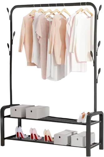 MAGIC SELECT Perchero Burro Independiente con Barra Superior, 2 Baldas de Almacenamiento Inferior y 7 Ganchos Laterales. Burro Ropa Resistente con 4 Ruedas. Perchero para Hogar (155x140cm)