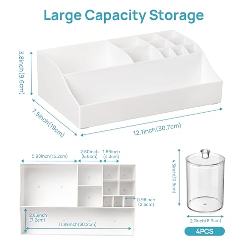 Image of Vtopmart 5 PCS Bathroom Countertop Organizer, 1 Divided Tray with 4 Qtip Holder Jars, Restroom Clear Organizers for Toothbrush, Cotton Pads Balls, Floss, Bathroom Vanity Accessories Storage Set, White