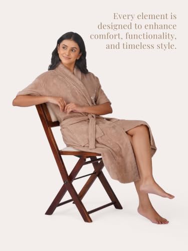 Image of RANGOLI Premium Women's Knee-Length 460 GSM Bamboo Bathrobe in Half Sleeves with 2 Pockets & Belt Closure with Ultra Soft Fabric & Skin-Friendly (Beige-XL) | Royal Bamboo