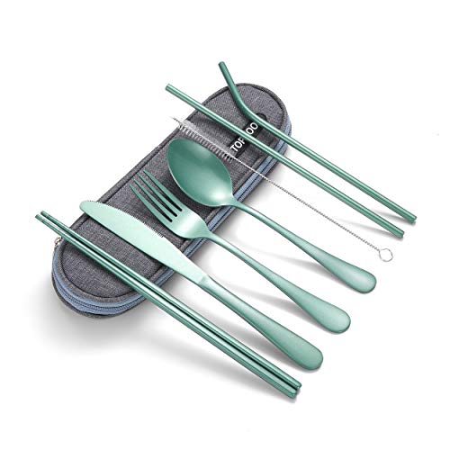 Portable Stainless Steel Flatware Set Travel Camping Cutlery Set Portable Utensil Travel Silverware Dinnerware Set with a Waterproof Case Green