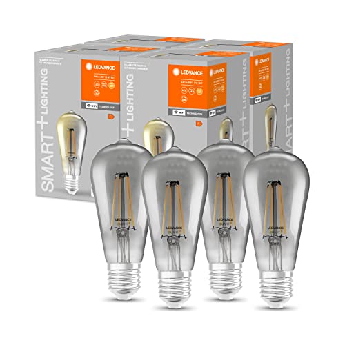 LEDVANCE Smart LED con Wifi, E27, dimmerabile, bianco caldo, forma Edison, filamento chiaro in vetro fumé, sostituzione di lampadine da 44W, controllabile con Alexa, Google e App, confezione da 4