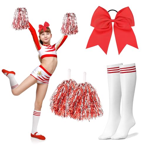 DPKOW Accessoires de Deguisement Pompom Girl Fille Enfant, Accessoires de Costume Football Pompom Girl Fille, 1 Paire Pompons de Cheerleading + un Noeud à Cheveux Rouge + 1 Paire de Chaussettes Rayées