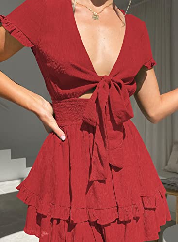 miduo Womens Dress Summer Deep V Neck Self Tied Smocked Waist Short Sleeve Ruffle Party Beach Mini Dresses Red XL - Image 2