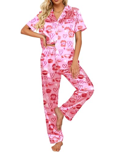 Image of Ekouaer 2 Piece Satin Short Sleeve Pajamas Set Button Down Sleepwear | Soft Pjs Set Classic Loungewear for Wedding, Party, Home, Daily Wear, Date Nights