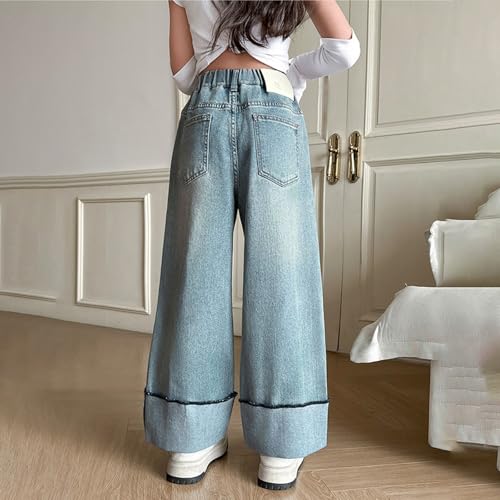 Girls Straight Leg Jeans Baggy Elastic Waist Wash Denim Pants Solid Casual Embroidery Loose Fit Trousers4