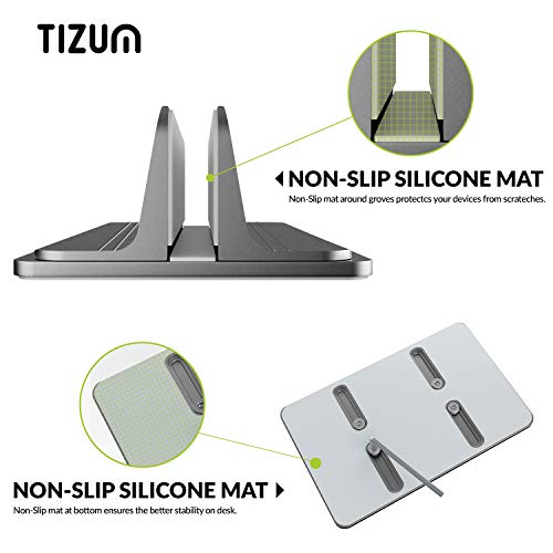 Image of Tizum Vertical Laptop Stand for Desk with Adjustable Dock Width, Size & Space Saver Sturdy Desktop Laptop Holder with Anti Slip Silicone Mat, for All Laptops, Notebook, MacBook, Tablets, iPads, Grey