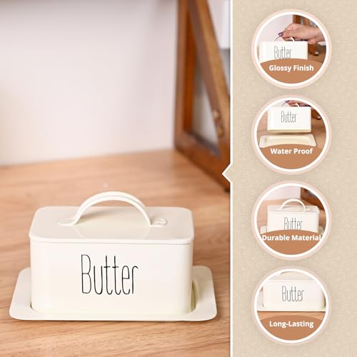 Market99 Rectangular Metal Butter Dish with Lid | Glossy Off-White Airtight Butter Box | Stylish Butter Container & Holder | Kitchen Countertop Tray for Storage & Serving