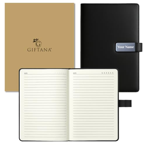 Image of Giftana Personalized Diary with Name, Customized Leather Diaries with Magnetic Overlap Lock,192 Pages, Personalised A5 Notebook Diary, New Year Corporate Gifts for Employee (Black -Silver Clip)