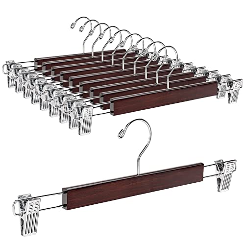 Amber Home 10 Pack 14.17' Solid Walnut Wooden Pant Skirt Hangers, Bottom Hangers for Slacks Trousers Jeans with 2-Adjustable Anti-Rust Clips (Walnut, 10 Pack)