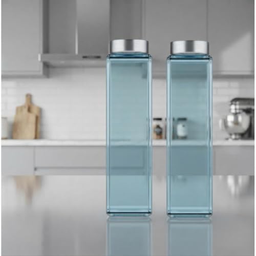 Image of CROCO JAR Wide Mouth Glass Water Bottle with Leak-Proof Airtight Double Layer Stainless Steel Lid for Water, Smoothie, Juices (750ML BLUE SILVER PK2)