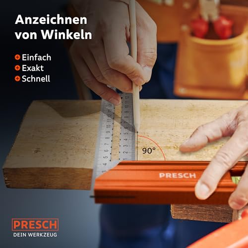 Presch Anschlagwinkel 250mm - Hochpräzise & Rostfrei - Innovatives Streichmaß 25cm - Exakter Schreinerwinkel inkl. Wasserwaage & Anreißnadel für ultimative Vielseitigkeit - Perfekte 90° & 45°