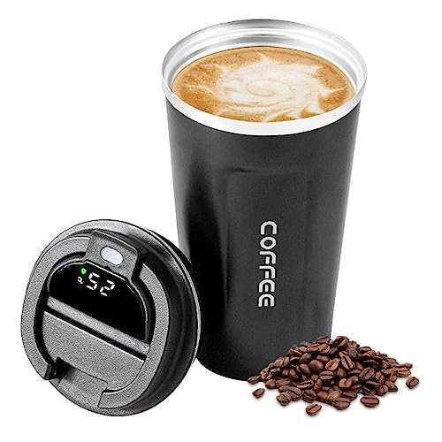 Sylanda Taza de café para llevar, taza térmica de 510 ml, pantalla táctil LED, pantalla de temperatura, sin BPA, doble pared, aislada, taza térmica de acero inoxidable para viajes, agua, café y té