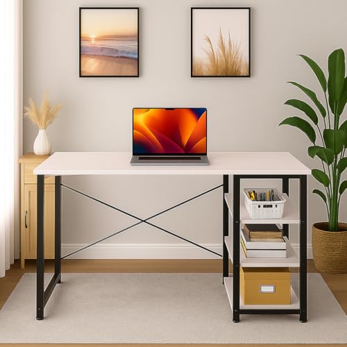 Image of Callas Computer Desk with Side Storage Shelves for Home Office, Study Table for Laptop, Writing & Workstation - Sturdy Metal Frame & Wooden Top (ST-24-White) (White, ST-24)