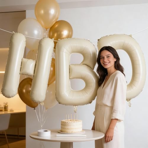 Image of 40 Inch Cream HBD Balloons for Boho Birthday Party Decorations, Giant Beige HBD Letter Foil Mylar Balloon Banner Helium Supported, Ivory White Sand Neutral Happy Birthday Sign for Girls Women Boys Men