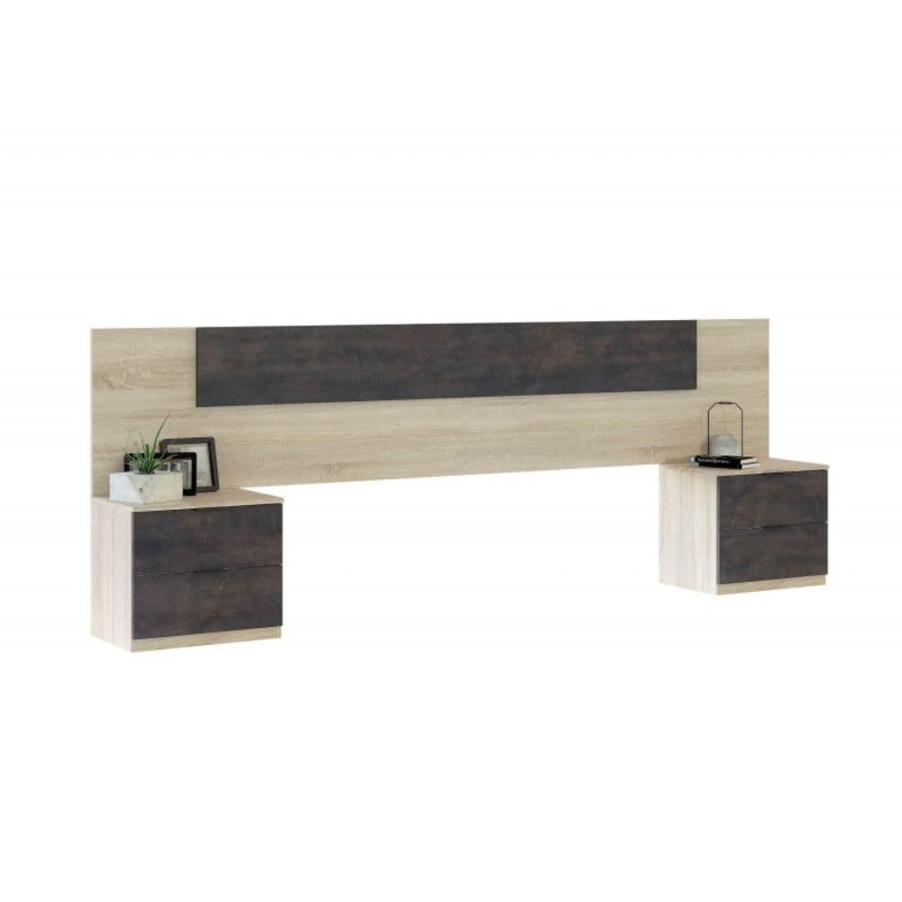 Mobelcenter, Conjunto Dormitorio Matrimonio Oxido, Color Roble Canadian y Oxido, Cabezal para Camas de 135 y 150 cm, 2 Mesitas de 3 cajones, Armario 3 Puertas 3 Cajones y Cama con 4 cajones (P0021)
