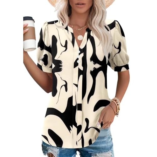 Kistore Women's Short Sleeve Tops Dressy Casual Business Work Blouses V Neck Chiffon Top Office Shirts Small B Black Printed