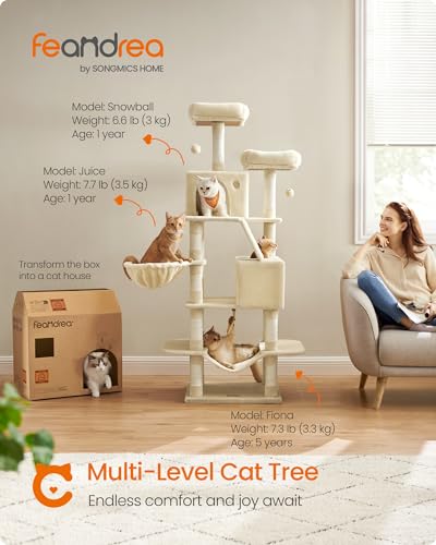 Image of Feandrea Cat Tree, 66.1-Inch Large Cat Tower, Multi-Level Plush Condo with 13 Scratching Posts, 2 Perches, 2 Caves, Basket, Hammock, Pompoms, Beige UPCT165M01