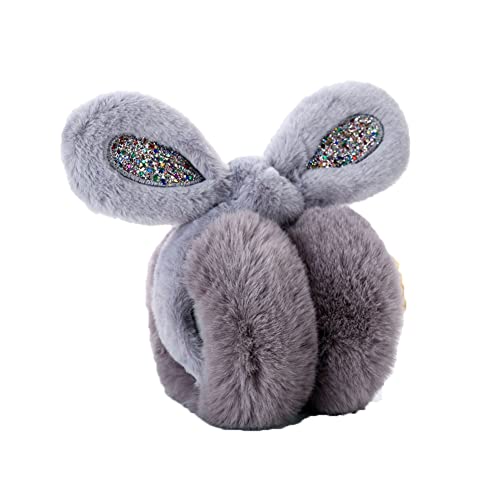 ILUFAM Glitter Rabbit Ears Earmuffs Foldable Plush Earmuffs Winter Warm Ear Muff Ear Warmers for Cold Weather (Grey)