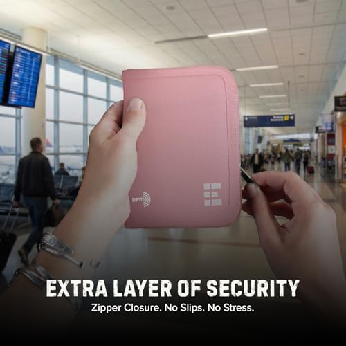 Image of Zero Grid RFID Passport Holder & Travel Wallet, Zippered Wallet for Men & Women, Fits Passport, Cards, Cash, Tickets, ID, Sim Card; Premium & Compact Travel Document Holder - Rose Pink