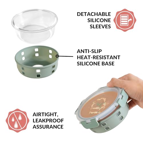 Image of Nestasia Gripso Glass Containers Set of 3 (400ml, 600ml, 950ml) with Silicone Sleeve & Locking Lid, Microwave, Dishwasher & Freezer Safe Round Food Storage Containers (Green)