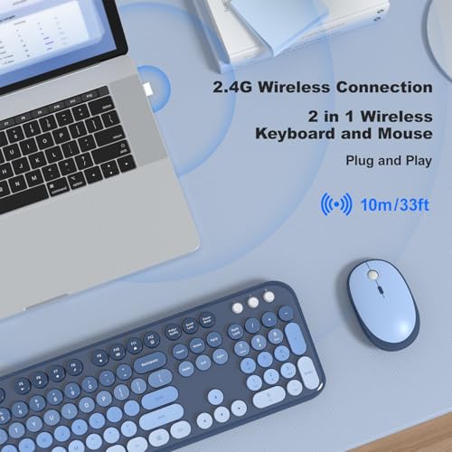 Image of Wireless Keyboard Mouse Combo - Lovely SkyBlue-Gradient Rainbow Full-Sized Typewriter Colorful Keyboards, Round Keycap Plug Play Retro Cute Keyboards for Windows, Laptop, PC, Desktop, Computer