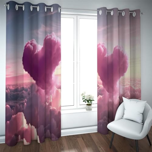 HOBBOY Romantic Love Curtains Fluffy Clouds Window Drapes Pink Heart Shaped Clouds Pattern Blackout Curtains for Bedroom Living Room 2 Panels 2X W38xL63in