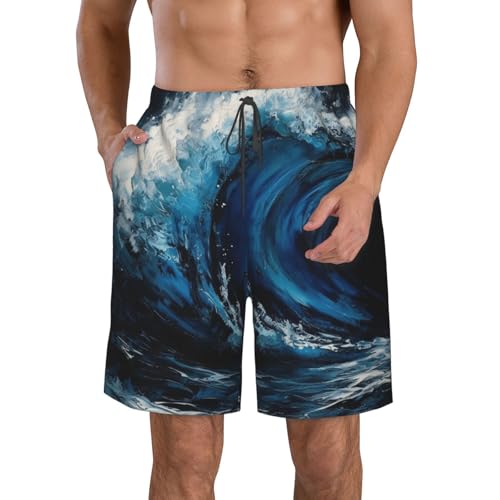 Men's Swim Trunks Blue Wave Painting Quick Dry Board Shorts Mens Bathing Suit Beach Swimwear with Pockets