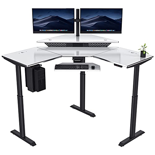 Image of VERSADESK 60 inch x 60 inch Electric L-Shaped Corner Standing Desk, Commercial Grade Height Adjustable Sit Stand Workstation, Ergonomic Computer Desk for Home Office, Black Frame, White Surface