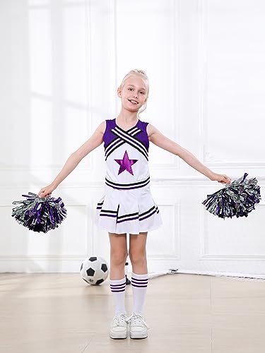 LOLANTA Girls' Cheerleading Costumes with Pompoms and Socks, Kids Halloween Fancy Dress Up, Cheerleader Outfit, Purple, 4-5 Years, 110 - Image 3