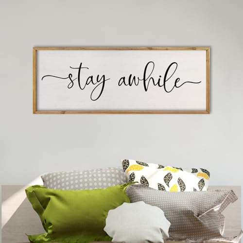 Image of comurdyo Living Room Wall Decor Stay Awhile Sign 32"×12" Lets Stay Family Home Large Vintage Farmhouse Simple Wood Frame for Entryway Hallway Plaque Horizontal Art Hangin (Wood)